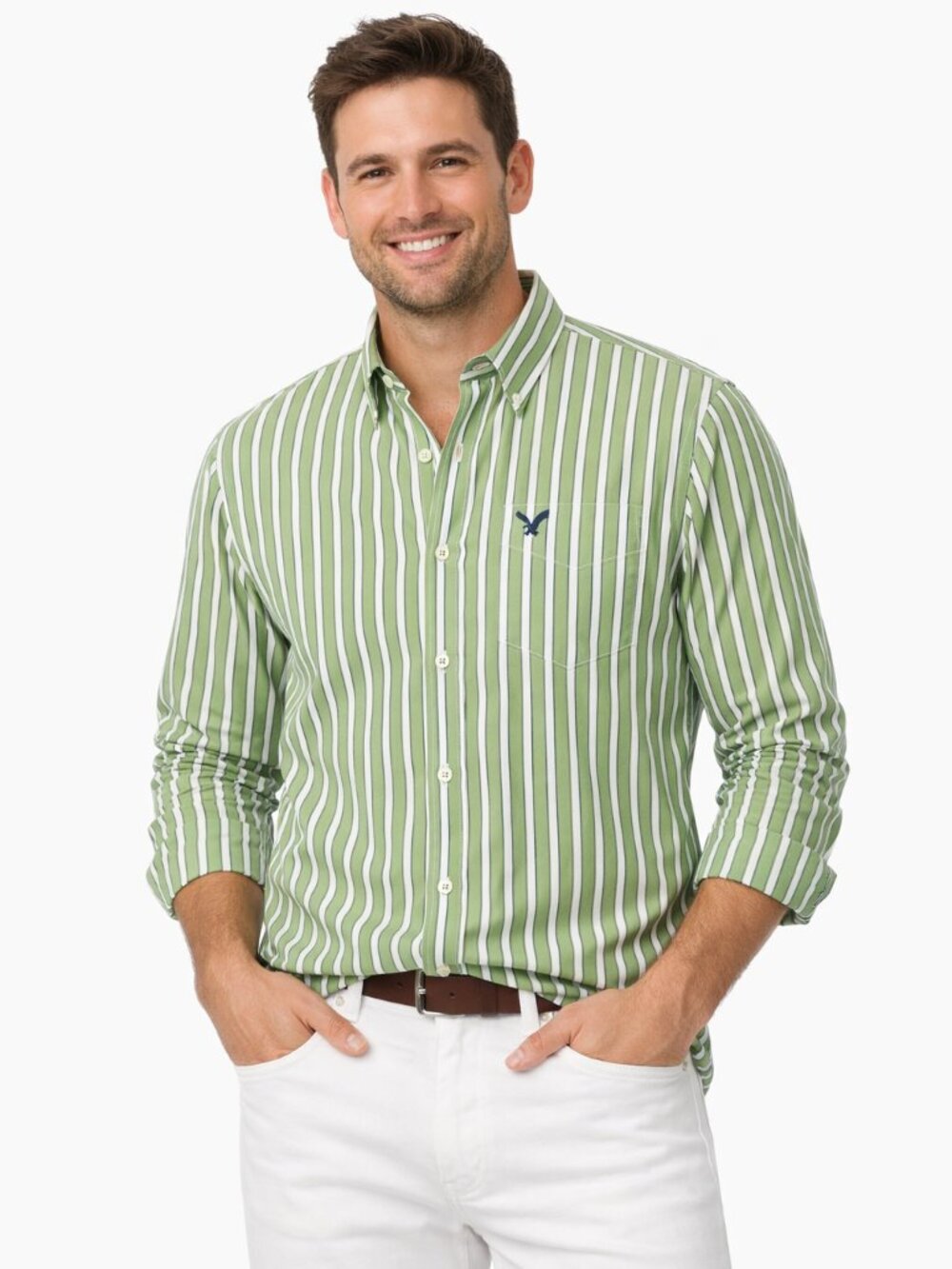 American Eagle Men's XL Green Striped Button Down Shirt Preppy Vintage Fit Style